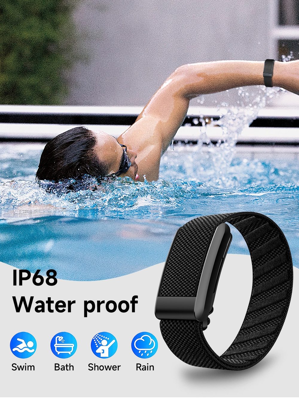 Étanche IP68 : natation, bain, douche, pluie