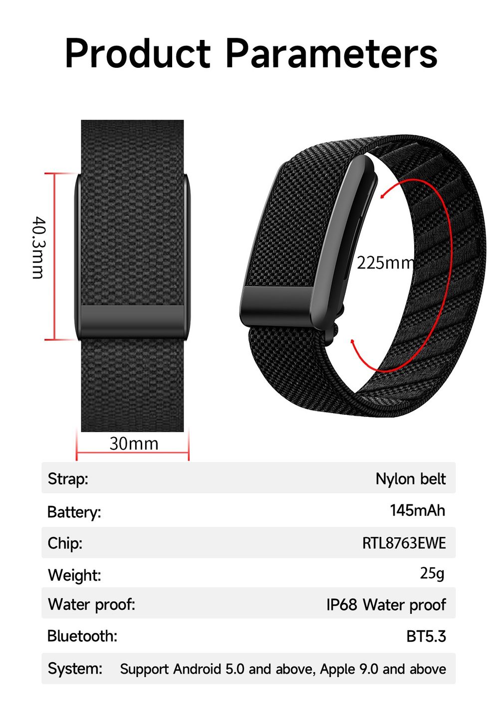 Caractéristiques : 40,3 × 30 mm, bracelet de 225 mm, 25 g, IP68, Bluetooth 5.3