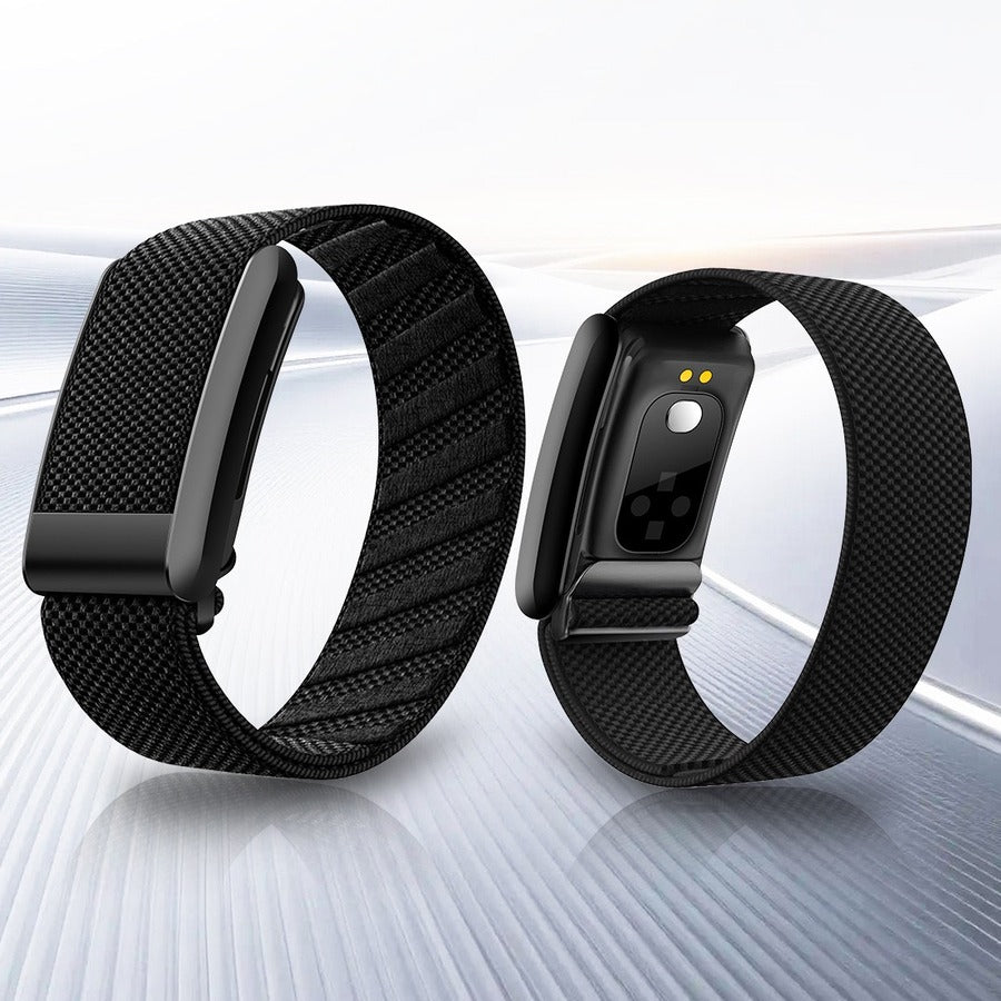 Bracelet connecté sans écran, vue de face et capteurs au dos